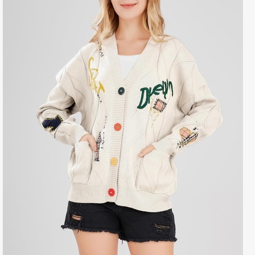 White Graphic Cardigan Sweater Sport Dream Patchwork Women Small Casual Cozy